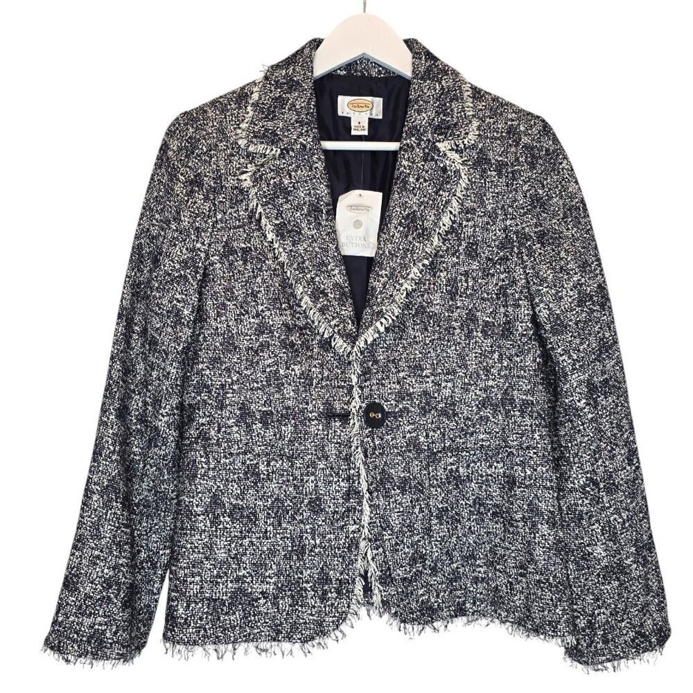 TALBOTS Tweed Blazer Jacket Fringe Trim Blue White Textured Women 8P Quiet Luxe